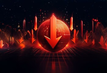 Aufkleber - A glowing red arrow points down, surrounded by a field of similar arrows, set against a dark, grid-like background.