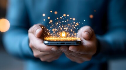 Wall Mural - glowing lock symbol displayed on a mobile phone screen representing the concept of data encryption m