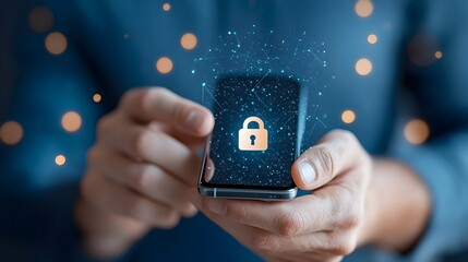 Wall Mural - secure digital connectivity hand holding phone with lock icon amidst digital data streams and cybers