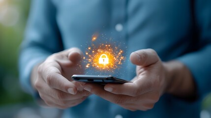 Wall Mural - glowing lock icon displayed on a smartphone screen symbolizing enhanced mobile cybersecurity and pri