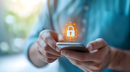 Wall Mural - secure mobile technology and cybersecurity protection represented by a glowing lock icon on a smartp