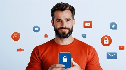 Wall Mural - man holding smartphone with bright lock symbol surrounded by abstract digital security and data prot