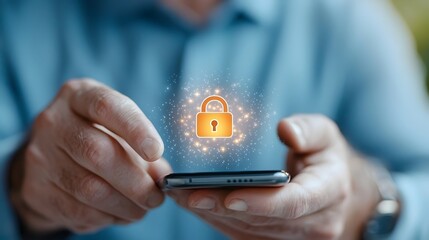 Wall Mural - glowing lock icon displayed on a smartphone held by a man representing modern cyber security practic