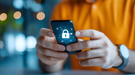 Wall Mural - closeup of a man s hand holding a smartphone displaying a bright lock symbol emphasizing the importa