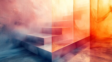 Fototapete - A minimalist staircase made of concrete sits adjacent to vibrant, translucent panels. The space is enveloped in soft mist, enhancing the otherworldly feel at twilight.