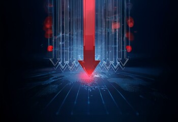 A red arrow points downward, surrounded by a futuristic, digital, blue world.