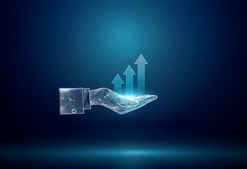 Aufkleber - A stylized, glowing hand with open palm is holding three upward facing arrows on a dark blue background.