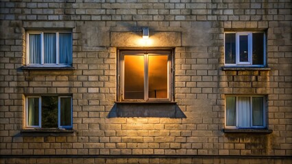 Detailed view of a Soviet era apartment building with an illuminated window from an aerial perspective