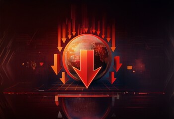 Aufkleber - A red globe with a large red arrow pointing downward is surrounded by smaller red arrows pointing downward, all on a red and black background.