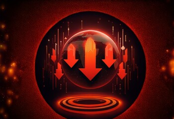 Poster - A glowing red globe with a network of lines is surrounded by large red arrows pointing down and smaller glowing lights.