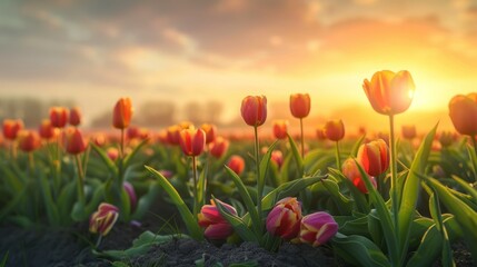 Canvas Print - Sunrise Over Tulip Field