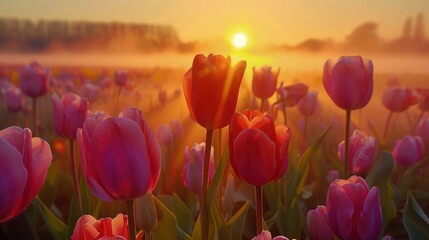 Wall Mural - sunrise over a field of tulips