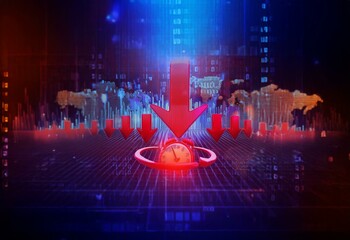 Aufkleber - Red arrows point down towards a clock on a digital grid with a blurred world map in the background.