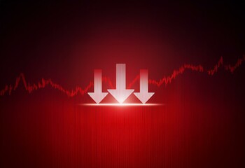 Aufkleber - Three white arrows point down on a dark red background with a red line graph.