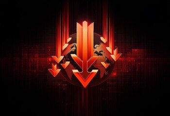 Aufkleber - A red and black digital background with a glowing globe and downward-facing arrows, representing a decline.