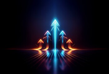 Canvas Print - Glowing neon arrows point upward in a dark futuristic setting.