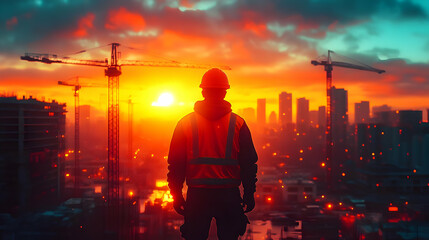 Wall Mural - Construction worker silhouetted against a vibrant sunset skyline.