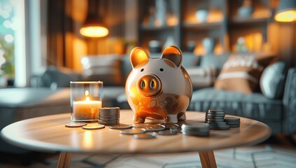 Piggy bank with coins on table, modern living room, money saving, financial investment, budget planning, pink piggy, household economy, wealth growth, safe future, financial security