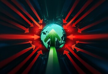 Aufkleber - Green arrow pointing upwards surrounded by red arrows converging towards a glowing globe