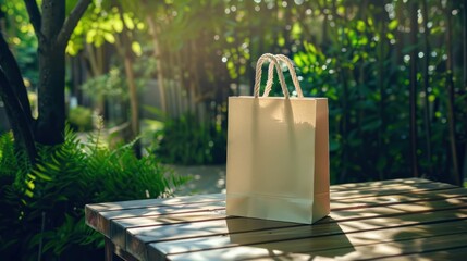 Wall Mural - Paper Bag on Wooden Table in a Garden