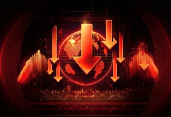 Aufkleber - Red arrows point down toward a glowing earth surrounded by a dark red, gridded background.