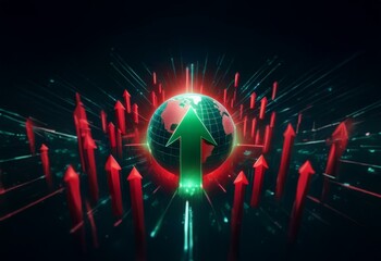 Poster - A glowing green arrow points upward from a digital globe surrounded by red arrows.