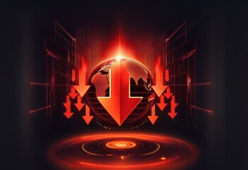 Poster - A glowing red globe with a large red arrow pointing downward, surrounded by smaller downward arrows, is set against a dark background with red grid lines.