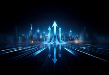Aufkleber - Cityscape at night with glowing blue arrows pointing upwards, reflecting on a futuristic surface.