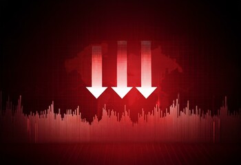 Poster - Three white downward arrows against a red background with blurred bar graphs and a world map.