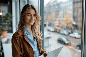 Smiling young business woman using laptop by office window with city view