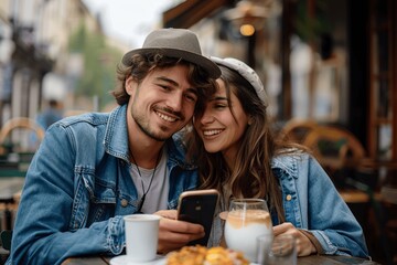 Young couple enjoying coffee and pastries at outdoor cafe, sharing a moment with their phone