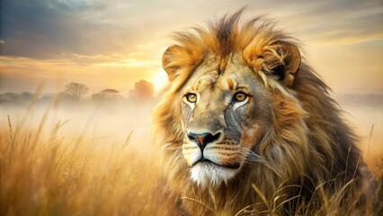 Double exposure macro of a lion combined with the African savannah