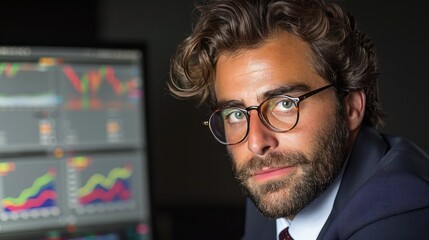 Wall Mural - Smiling Financial Analyst Working with Graphs and Charts in Office