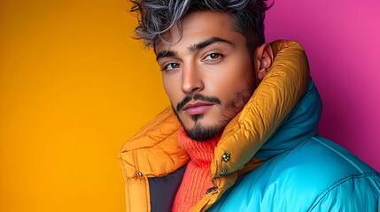 Poster - A stylish individual poses in colorful outerwear against a vibrant backdrop.