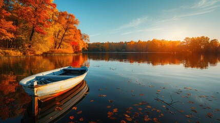 Sticker - Autumn Serenity: A Boat Adrift in a Tranquil Lake