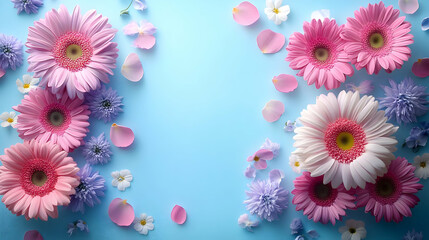 Poster - A vibrant arrangement of colorful flowers on a blue background.