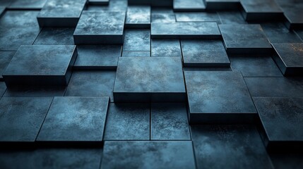 Leinwandbilder - A series of dark, textured tiles are meticulously arranged in a staggered pattern across a flat surface, showcasing an abstract design under low lighting.