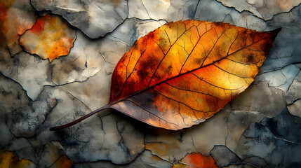 Sticker - A vibrant autumn leaf resting on a textured, cracked surface.