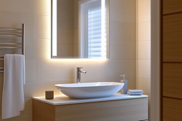 A modern bathroom design featuring a sleek sink, illuminated mirror, and minimalistic decor, creating a clean and stylish ambiance.