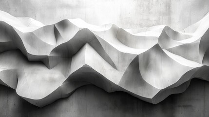 Poster - A striking abstract sculpture showcases a series of undulating waves crafted from concrete, featuring smooth curves and sharp angles. The minimalist design emphasizes texture and depth.