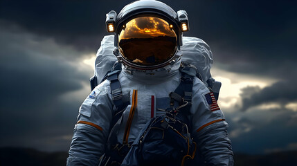 Poster - Astronaut in a reflective helmet against a dramatic sky.