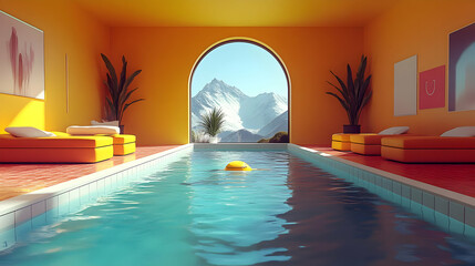 Poster - A serene indoor pool with mountain views and vibrant decor.