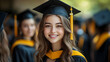 © Siasart Stock - A smiling graduate in cap and gown celebrating academic achievement.