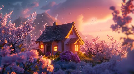 Poster - Enchanted Cottage in a Blossoming Garden