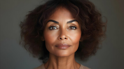 Poster - Portrait of a woman with curly hair and a serene expression.