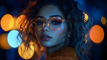 Canvas Print - Portrait of a woman with curly hair and glasses against a colorful backdrop.