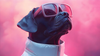 Poster - A stylish dog wearing sunglasses and a jacket against a colorful backdrop.