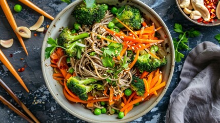 Wall Mural - A colorful vegetable stirfry featuring earthy buckwheat soba noodles a perfect plantbased dinner option for a busy weeknight.