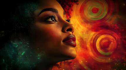 Wall Mural - A vibrant portrait of a woman against a colorful, abstract backdrop.