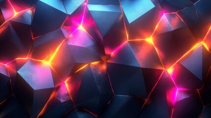 Poster - Geometric shapes and textures create an eye-catching arrangement of dark rocks illuminated with vibrant red, blue, and purple lights, resembling a cosmic landscape.